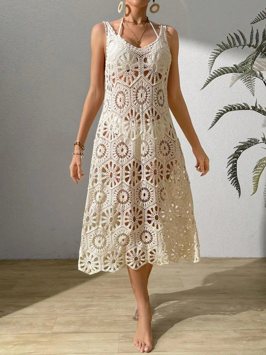 3D Flower Knitted Sling Long Dress Women Sexy Deep V-neck Backless Sleeveless Lace Up Femme Robes 2024 Summer Beach Dresses