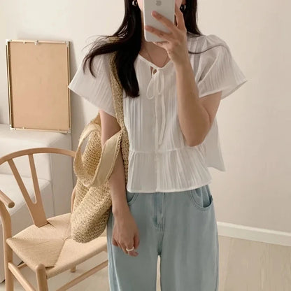 New round Ne ort Sve irt Women's Gentle Faion Sweet Simple Slimming Versatile Tie Waist Top Commute Sle Pure Color
