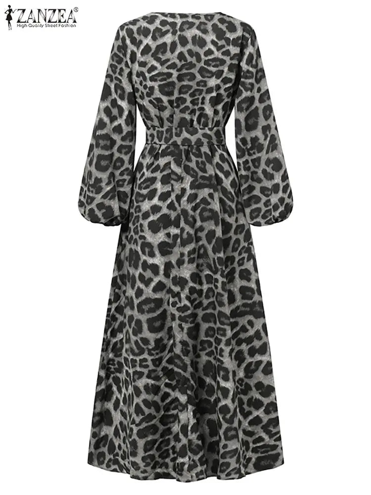 Vintage Women Long Sleeve Leopard Dresses ZANZEA Autumn Sundress Fashion Maxi Long Dress Party Vestidos Female V Neck Print Robe