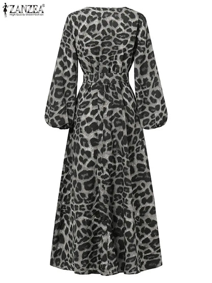 Vintage Women Long Sleeve Leopard Dresses ZANZEA Autumn Sundress Fashion Maxi Long Dress Party Vestidos Female V Neck Print Robe