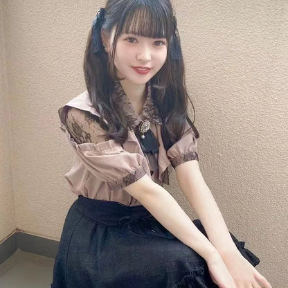 Kawaii Womens Shirts Lolita Y2K Cute Japanese Style Blouse Elegant Long Sleeve Sweet Tops Casual Office Ladies Aesthetic Shirt