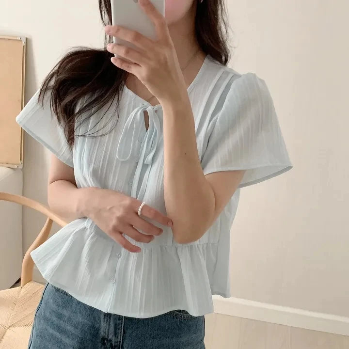 New round Ne ort Sve irt Women's Gentle Faion Sweet Simple Slimming Versatile Tie Waist Top Commute Sle Pure Color