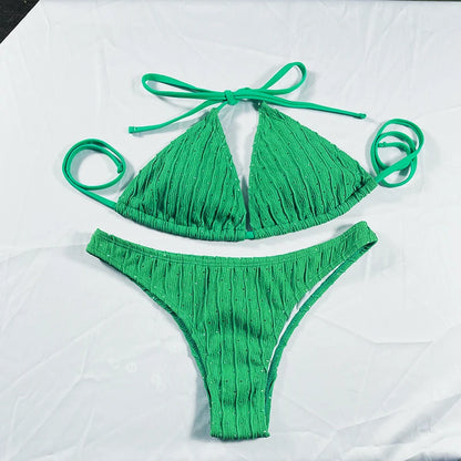 Sexy 2025 Jacquard Drawstring Two Piece Swimsuit Female Swimwear Women Bikini Set Bather Swimming Beachwear for Bathing Suit