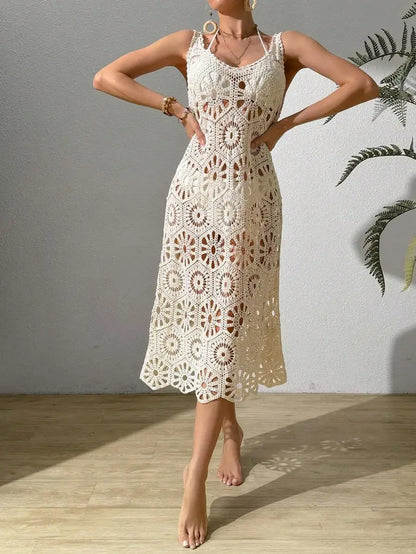 3D Flower Knitted Sling Long Dress Women Sexy Deep V-neck Backless Sleeveless Lace Up Femme Robes 2024 Summer Beach Dresses