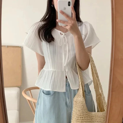 New round Ne ort Sve irt Women's Gentle Faion Sweet Simple Slimming Versatile Tie Waist Top Commute Sle Pure Color