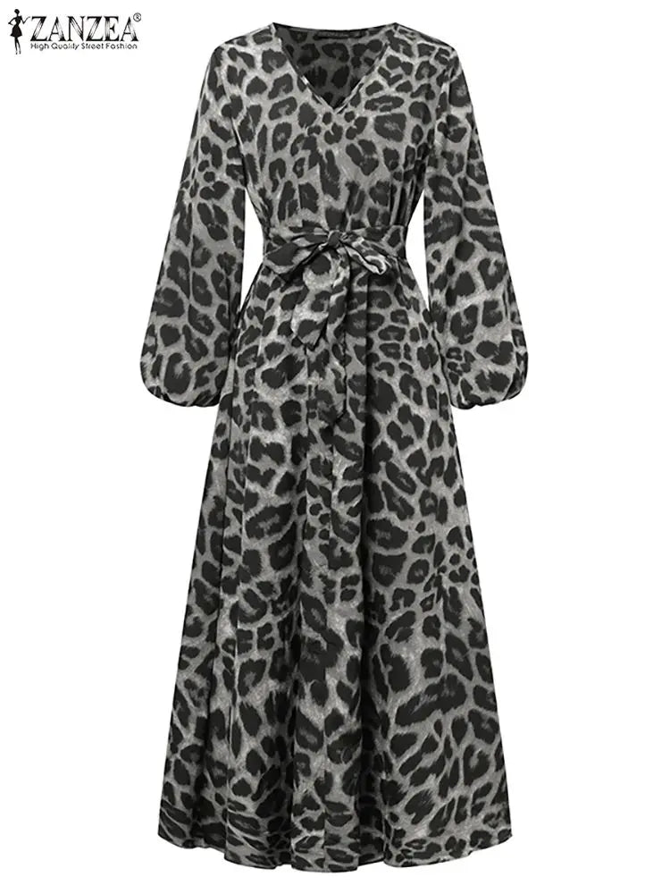 Vintage Women Long Sleeve Leopard Dresses ZANZEA Autumn Sundress Fashion Maxi Long Dress Party Vestidos Female V Neck Print Robe
