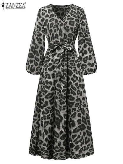 Vintage Women Long Sleeve Leopard Dresses ZANZEA Autumn Sundress Fashion Maxi Long Dress Party Vestidos Female V Neck Print Robe