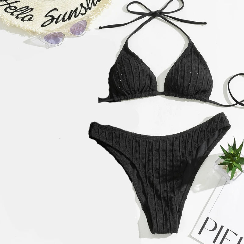 Sexy 2025 Jacquard Drawstring Two Piece Swimsuit Female Swimwear Women Bikini Set Bather Swimming Beachwear for Bathing Suit