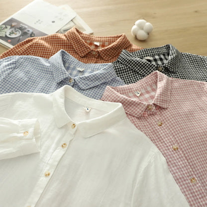 2025 Plus size women clothes mori girl spring summer fresh design pink orange blue check blouses women's plaid shirts