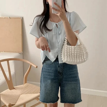 New round Ne ort Sve irt Women's Gentle Faion Sweet Simple Slimming Versatile Tie Waist Top Commute Sle Pure Color