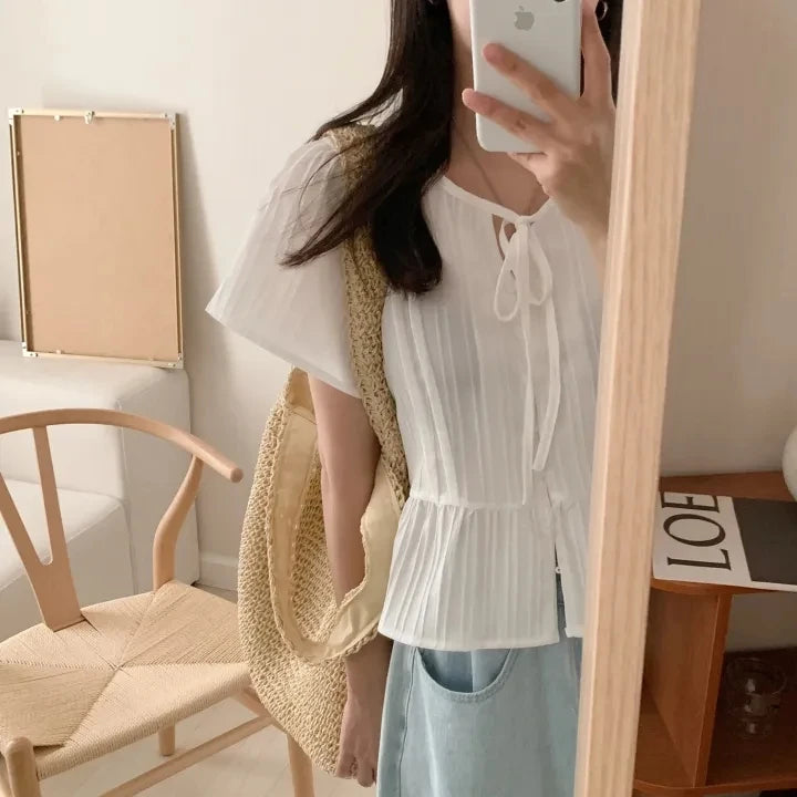 New round Ne ort Sve irt Women's Gentle Faion Sweet Simple Slimming Versatile Tie Waist Top Commute Sle Pure Color