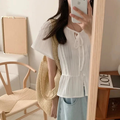 New round Ne ort Sve irt Women's Gentle Faion Sweet Simple Slimming Versatile Tie Waist Top Commute Sle Pure Color