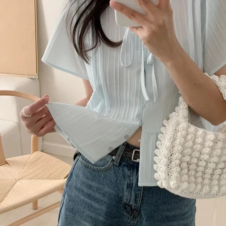 New round Ne ort Sve irt Women's Gentle Faion Sweet Simple Slimming Versatile Tie Waist Top Commute Sle Pure Color