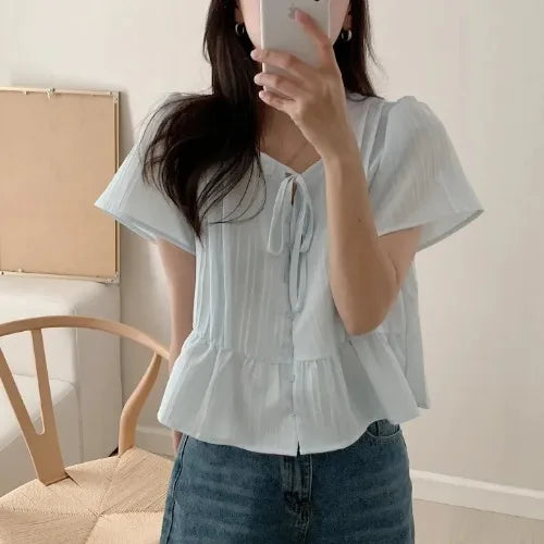 New round Ne ort Sve irt Women's Gentle Faion Sweet Simple Slimming Versatile Tie Waist Top Commute Sle Pure Color