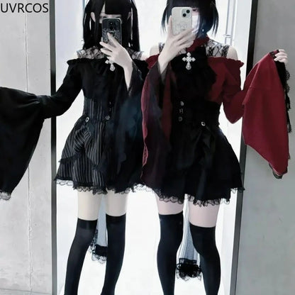 Gothic Y2k Lolita Style Shirts Women Kawaii Ruffled Collar Flare Long Sleeves Blouse Female Japanese Victorian Vintage Slim Tops