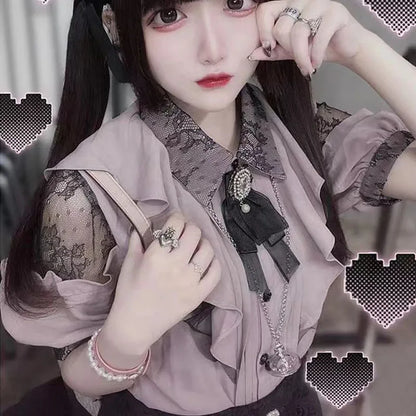 Kawaii Womens Shirts Lolita Y2K Cute Japanese Style Blouse Elegant Long Sleeve Sweet Tops Casual Office Ladies Aesthetic Shirt