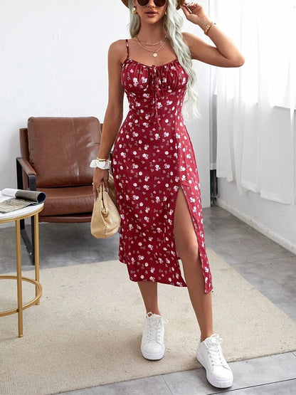 Women's Clothing Summer 2024 Trend Floral Dress, Flower Print Spaghetti Strap Sleeveless  with High Slit for Ladies