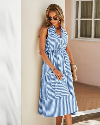 Striped Shirt Dress Women Sleeveless V-Neck Long Dresses Summer Casual Buttons A-Line Beach Holiday Dresses Female Clothing