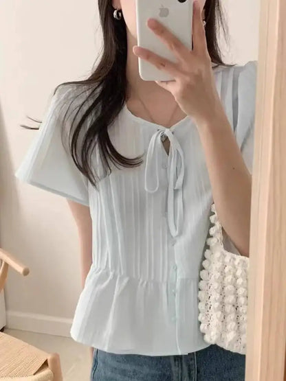 New round Ne ort Sve irt Women's Gentle Faion Sweet Simple Slimming Versatile Tie Waist Top Commute Sle Pure Color