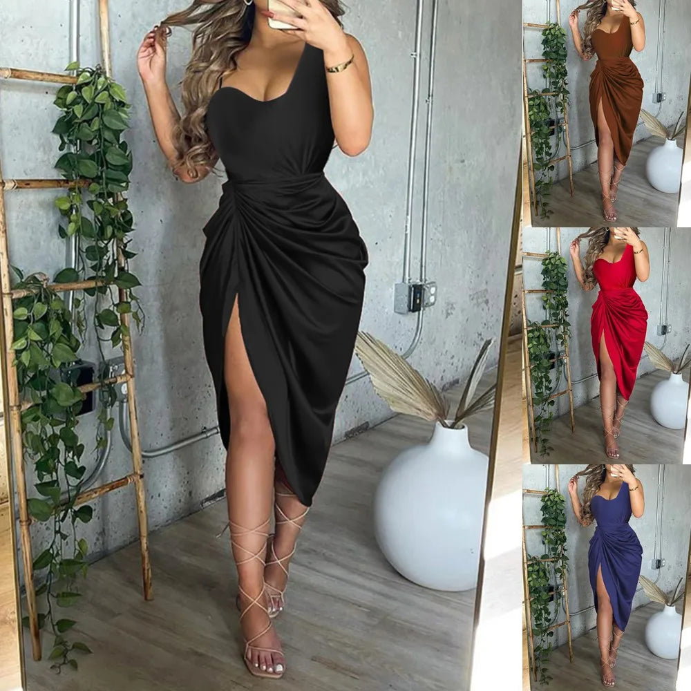 2024 AliExpress European and American crossborder solid color sexy slitlong skirt shirred one-shoulder evening dress skirt women