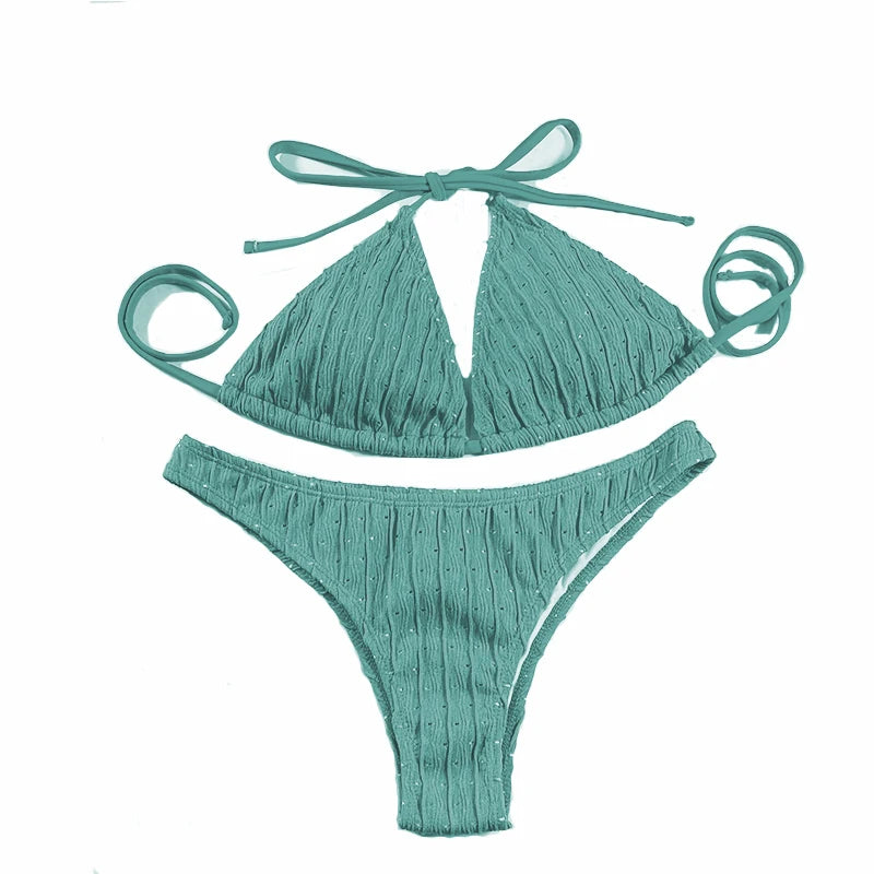Sexy 2025 Jacquard Drawstring Two Piece Swimsuit Female Swimwear Women Bikini Set Bather Swimming Beachwear for Bathing Suit