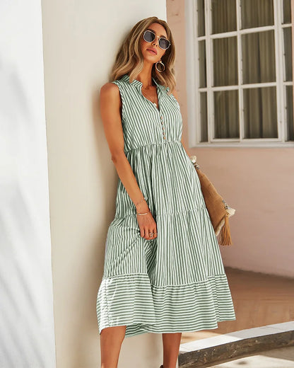 Striped Shirt Dress Women Sleeveless V-Neck Long Dresses Summer Casual Buttons A-Line Beach Holiday Dresses Female Clothing