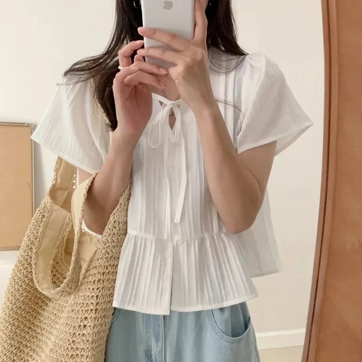 New round Ne ort Sve irt Women's Gentle Faion Sweet Simple Slimming Versatile Tie Waist Top Commute Sle Pure Color