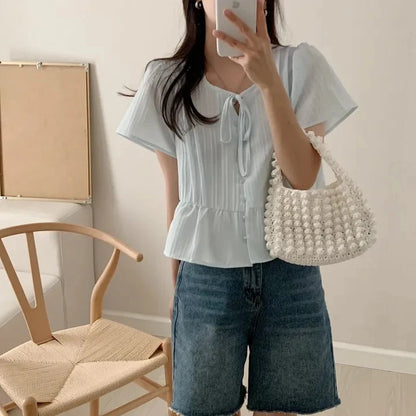 New round Ne ort Sve irt Women's Gentle Faion Sweet Simple Slimming Versatile Tie Waist Top Commute Sle Pure Color
