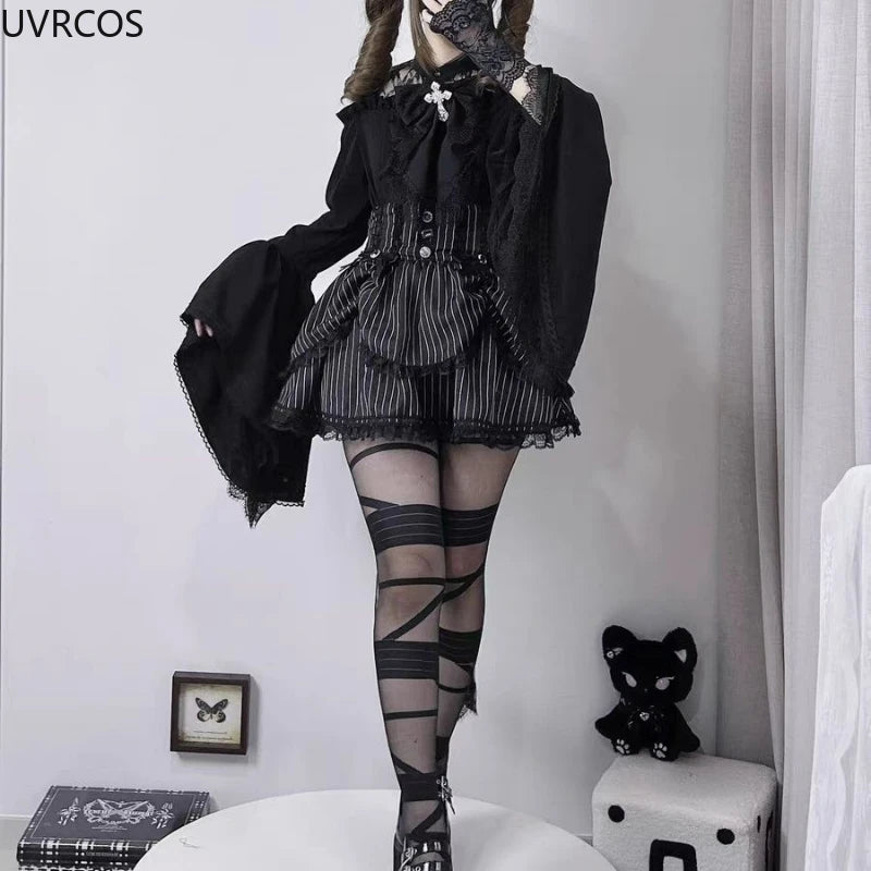 Gothic Y2k Lolita Style Shirts Women Kawaii Ruffled Collar Flare Long Sleeves Blouse Female Japanese Victorian Vintage Slim Tops