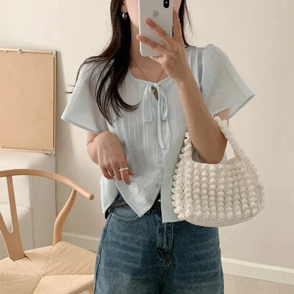 New round Ne ort Sve irt Women's Gentle Faion Sweet Simple Slimming Versatile Tie Waist Top Commute Sle Pure Color